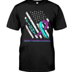Suicide Prevention Awareness American Flag Teal And Purple Ribbon Fight Unisex T-shirt
