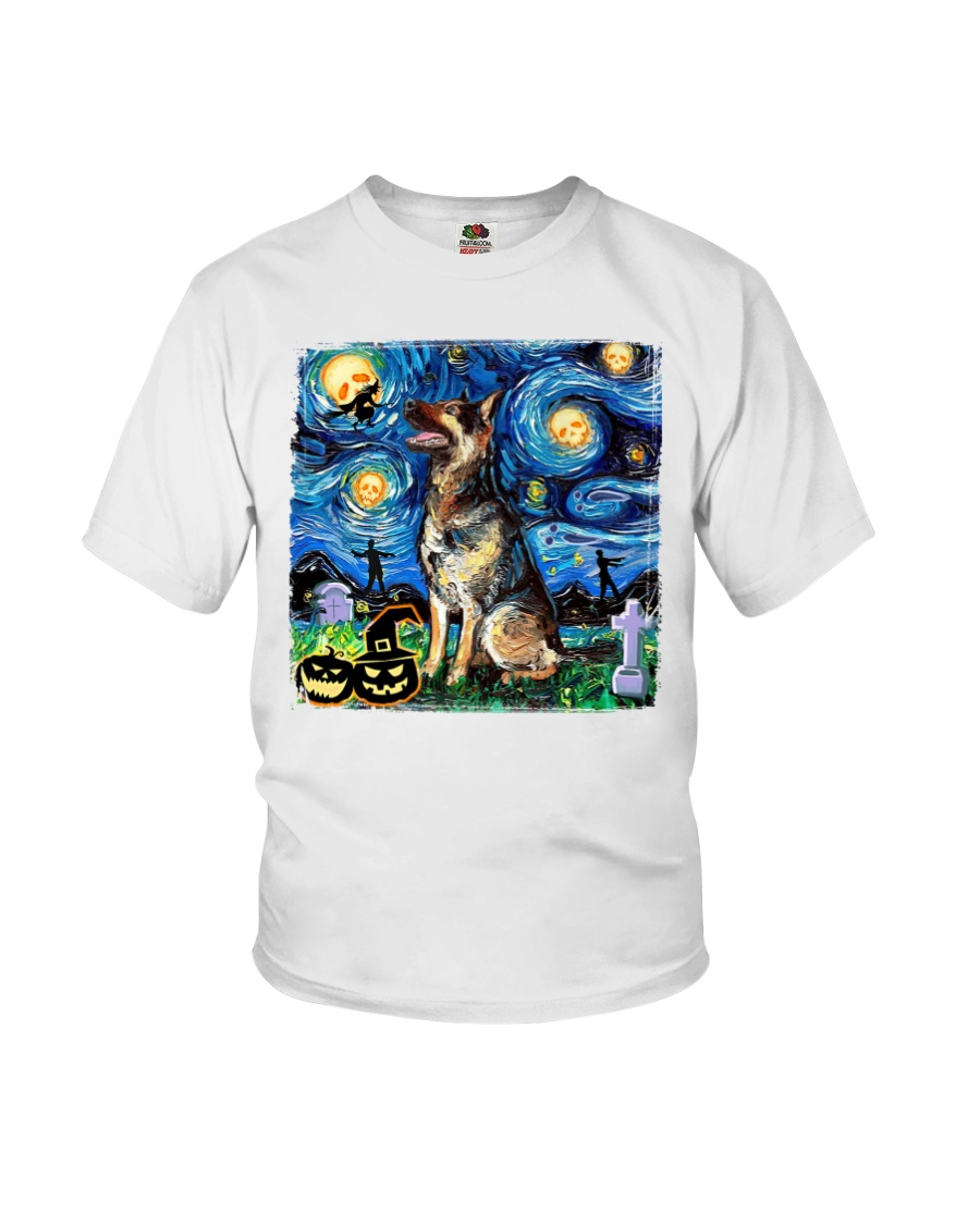 Starry Night Scary Pumkin German Shepherd Dog Halloween Youth T-Shirt Starry Night Scary Pumkin German Shepherd Dog Halloween Youth T-Shirt