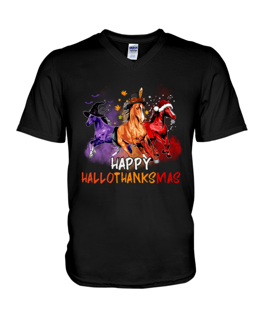 Happy Hallo Thanks Mas Halloween Thanksgiving Christmas Horse V-Neck T-Shirt Happy Hallo Thanks Mas Halloween Thanksgiving Christmas Horse V-Neck T-Shirt